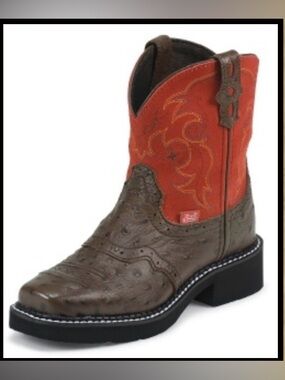 Brown Ostrich-Textured Western Boot with Red Shaft
